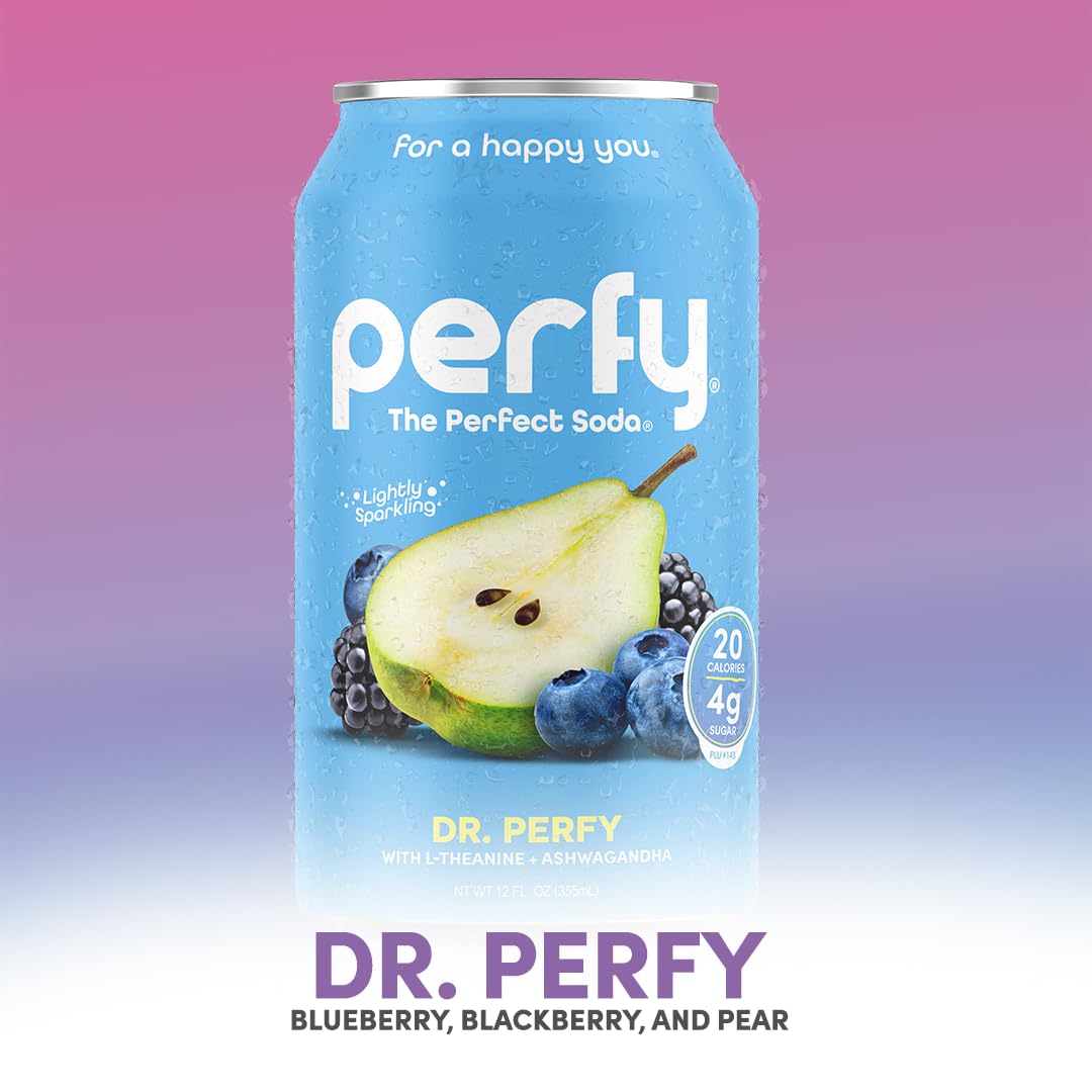 PERFY Caffeine Free Dr. Perfy Soda | Made With Real Fruit Juice - Low Sugar Nootropic Drink with L-Theanine + Ashwagandha | Calming Adaptogen Mocktail | Keto + GLP-1 Friendly | Sweetened with Stevia & Monk Fruit | (12-Pack Healthy Functional Soda...