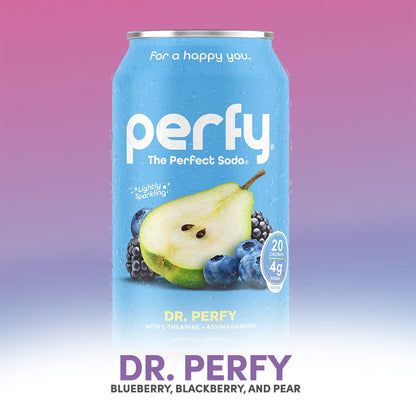 PERFY Caffeine Free Dr. Perfy Soda | Made With Real Fruit Juice - Low Sugar Nootropic Drink with L-Theanine + Ashwagandha | Calming Adaptogen Mocktail | Keto + GLP-1 Friendly | Sweetened with Stevia & Monk Fruit | (12-Pack Healthy Functional Soda...