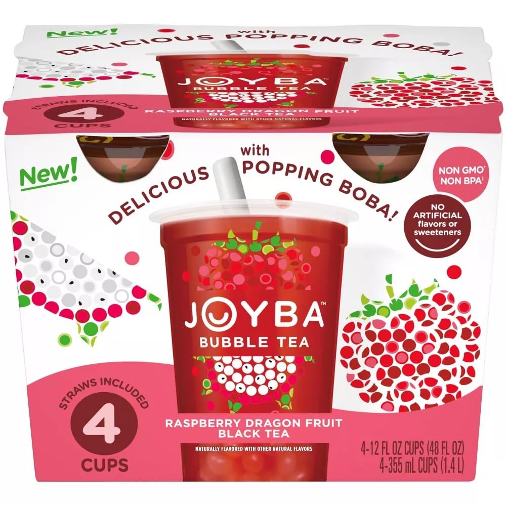 Joyba Raspberry Dragonfruit Black Tea Bubble Tea, 12 fl oz Cup (Pack o ...