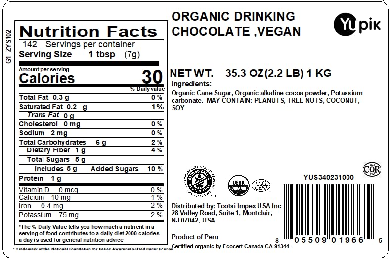 Yupik Organic Hot Chocolate Mix, 2.2 lb (35.2 oz), Vegan, Gluten-Free, GMO-Free, Dairy-Free, Kosher, Cocoa Powder, Mix Easily, Plant-Based Chocolate Beverage, Hot Cocoa Mix