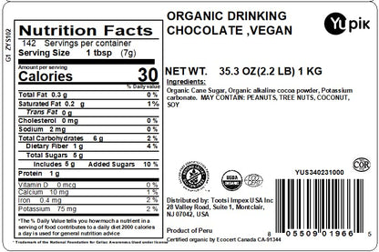 Yupik Organic Hot Chocolate Mix, 2.2 lb (35.2 oz), Vegan, Gluten-Free, GMO-Free, Dairy-Free, Kosher, Cocoa Powder, Mix Easily, Plant-Based Chocolate Beverage, Hot Cocoa Mix