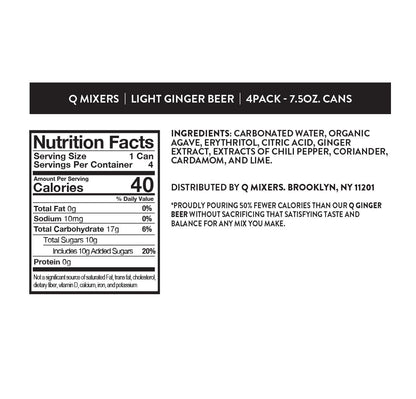 Q LIGHT GINGER BEER with Real Ginger & Organic Agave - Ideal for Cocktails & Mocktails - Made with Real Ingredients, Perfectly Carbonated, & Less Sweet - 40 Calories per Can - 7.5 Fl oz (Pack of 24)