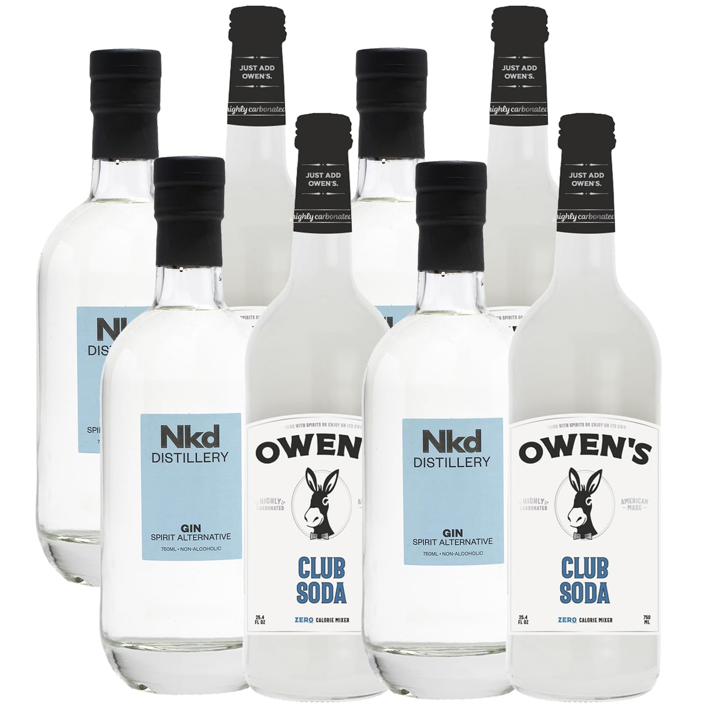 Nkd Distillery Gin Alternative Premium Non-Alcoholic Spirit 750 ML Bottles w Owen’s Mixers Club Soda 750 ML Bottles - Perfect for Mocktails - Made in USA
