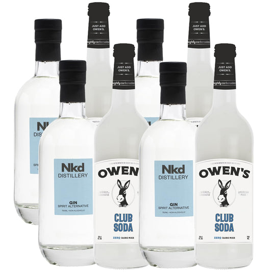 Nkd Distillery Gin Alternative Premium Non-Alcoholic Spirit 750 ML Bottles w Owen’s Mixers Club Soda 750 ML Bottles - Perfect for Mocktails - Made in USA