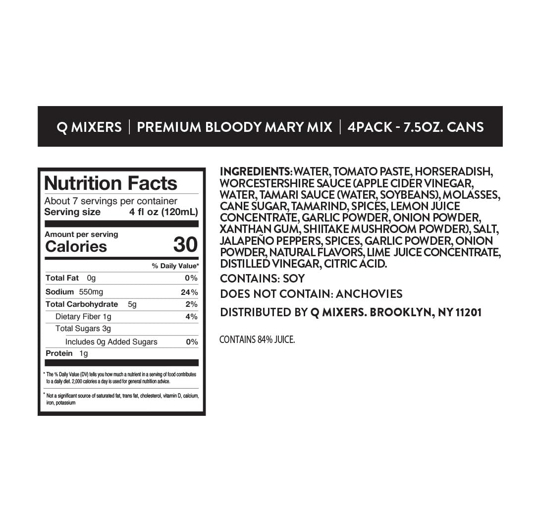 Q BLOODY MARY MIX, Real Vine-Ripened Tomatoes with 7 Herbs & Spices - Ideal for Cocktails & Mocktails - Made with Real Ingredients & Less Sweet - 30 Calories per Serving - 7.5 Fl oz Cans (Pack of 24)