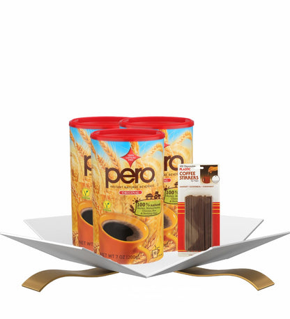 3x Instant Natural Beverage 7OZ Bundle with Plastic Coffee Stirrers – Smooth Barley and Chicory Drink Mix with Convenient Stirrers for Easy Brewing and Serving — Gift Set (4 Items)