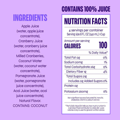 Revl Fruits™ 100% Juice, No Added Sugar, Cranberry Pomegranate Acai, Berry Wild, 32 fl oz. Carton (Pack of 6)