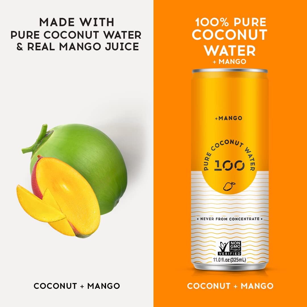 100 Coconuts Mango Flavored Pure Coconut Water, Non GMO, No Preservatives, 11 Fluid Ounces (Pack Of 12)