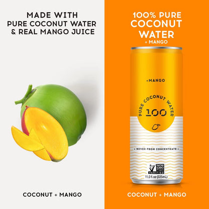 100 Coconuts Mango Flavored Pure Coconut Water, Non GMO, No Preservatives, 11 Fluid Ounces (Pack Of 12)
