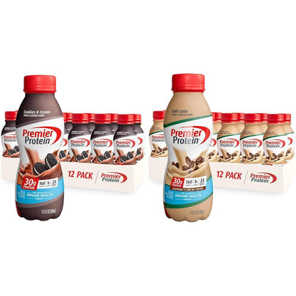 Premier Protein Shake Cookies & Cream and Café Latte Flavors, 30g Protein, 1g Sugar, 24 Vitamins & Minerals, 12 Packs