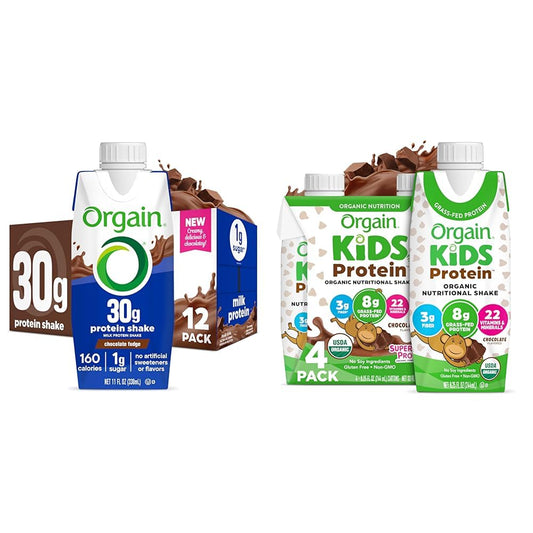 Orgain 30g High Protein Shake, Chocolate Fudge, 5g BCAAs, 11 Fl Oz (Pack of 12) + Orgain Organic Kids Protein Nutritional Shake, Chocolate - 8g of Protein, 8.25 Fl Oz (Pack of 4) Bundle Pack