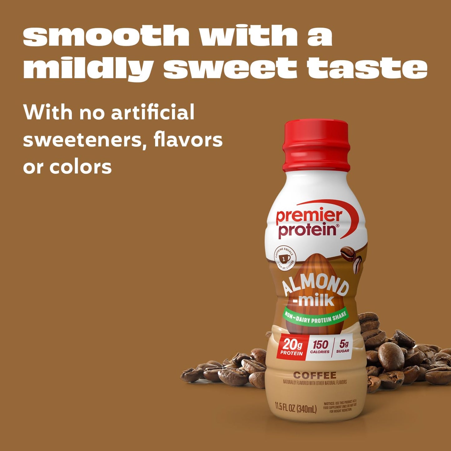 Premier Protein Non-Dairy Plant Based Almondmilk Protein Shake, Coffee with Caffeine for Energy – 20g Protein, 5g Sugar, 11.5 Fl oz (12 Pack)