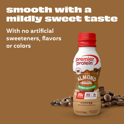 Premier Protein Non-Dairy Plant Based Almondmilk Protein Shake, Coffee with Caffeine for Energy – 20g Protein, 5g Sugar, 11.5 Fl oz (12 Pack)