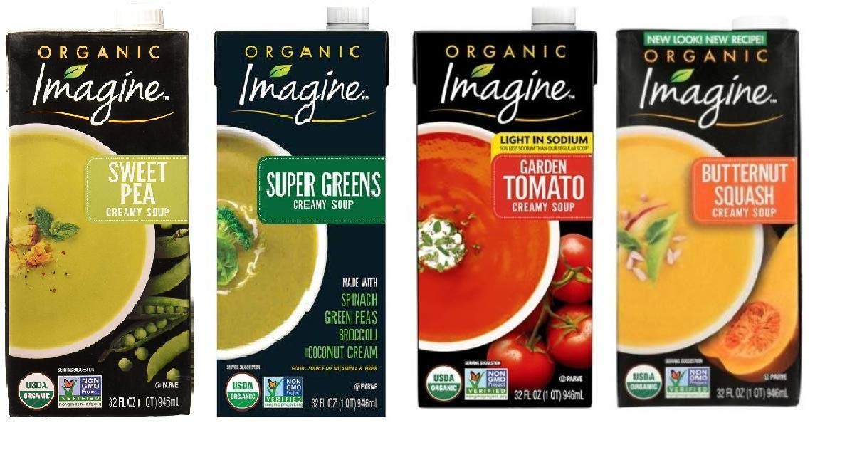 Imagineig Organic Soup Variety Pack: Super Greens, Sweet Pea, Creamy Garden Tomato, Creamy Butternut Squash, 32 ounce (Pack of 4)