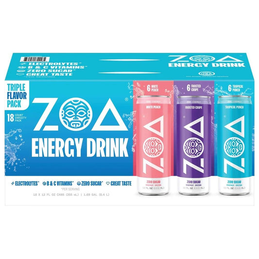 ZOA Zero Sugar Energy Drink Variety Pack, Sugar Free with Electrolytes, Healthy Vitamin C, Amino Acids, Essential B-Vitamins, and Caffeine from Green Tea, 18 12 oz cans, White Peach, Tropical Punch, Frosted Grape