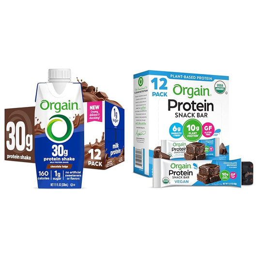 Orgain 30g High Protein Shake, Chocolate Fudge, 11 Fl Oz (Pack of 12) + Orgain Organic Vegan Protein Bars, Chocolate Brownie - 10g Plant Based Protein, 1.41 Oz (Pack of 12) Bundle