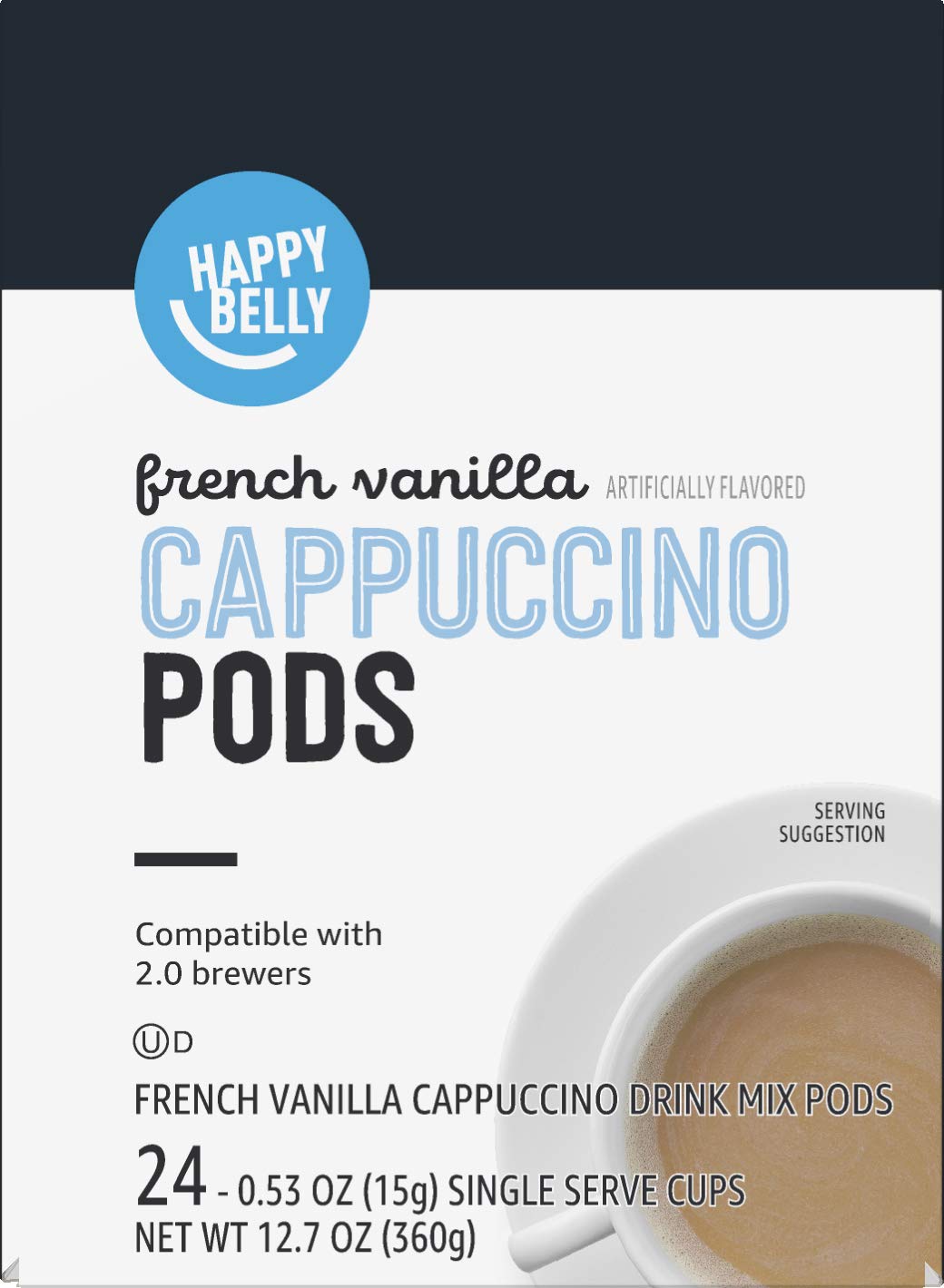Happy Belly Cappuccino Coffee Pods Light Roast Compatible with 2.0 K-Cup Brewers, French Vanilla Flavored, 24 Count, 12.7 Ounce