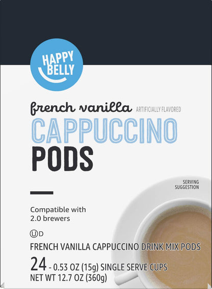 Happy Belly Cappuccino Coffee Pods Light Roast Compatible with 2.0 K-Cup Brewers, French Vanilla Flavored, 24 Count, 12.7 Ounce
