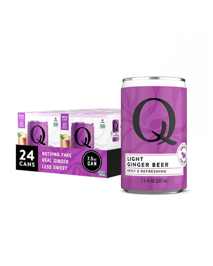 Q LIGHT GINGER BEER with Real Ginger & Organic Agave - Ideal for Cocktails & Mocktails - Made with Real Ingredients, Perfectly Carbonated, & Less Sweet - 40 Calories per Can - 7.5 Fl oz (Pack of 24)