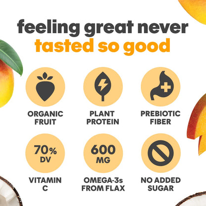 Noka Superfood Smoothie Pouches (Mango Coconut) 4 Pack, with Plant Protein, Prebiotic Fiber & Flax Seed, Organic, Gluten Free, Vegan, Healthy Fruit Squeeze Snack Pack, 4.22oz Ea