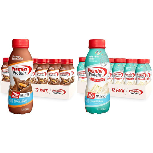 Premier Protein Shake, Chocolate Peanut Butter & Cake Batter Flavors, 30g Protein, 1g Sugar, 24 Vitamins & Minerals, 12 Count