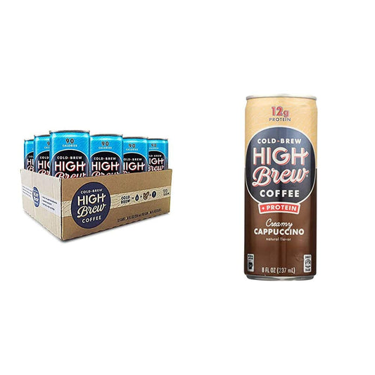 High Brew Cold Brew Coffee, Mexican Vanilla, 8 Fl Oz Can, Pack of 12 & Cold Brew Coffee Creamy Cappuccino Plus Protein, 8 Fl Oz, Pack of 12