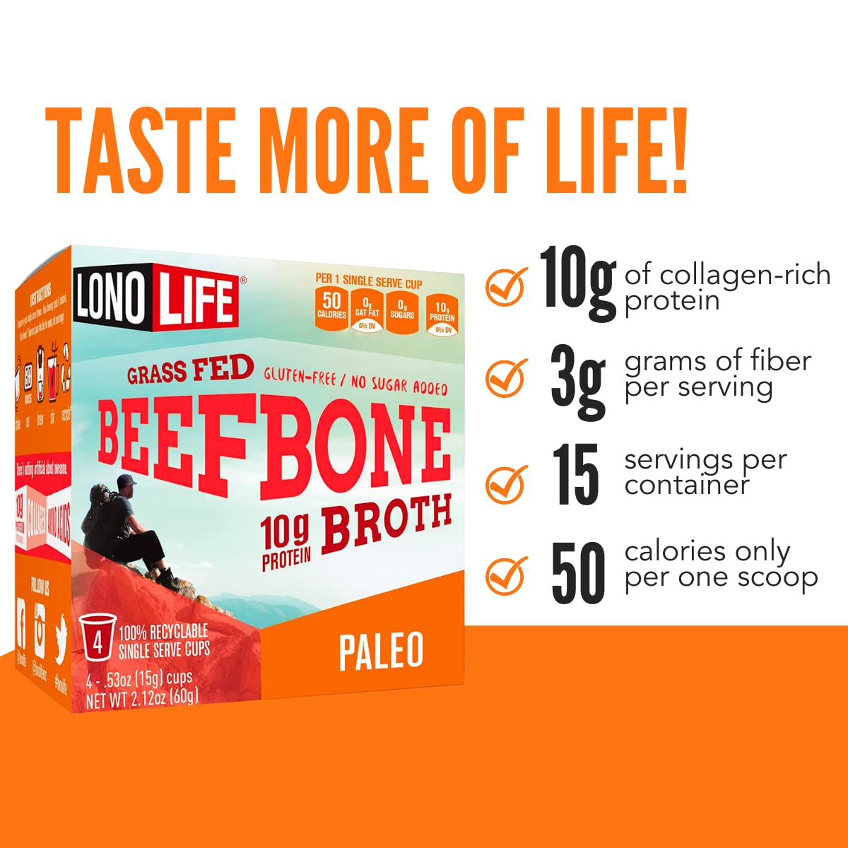 LonoLife Beef Bone Broth Powder Mix | Grass-Fed, 10g Protein | Collagen-Rich, Keto & Paleo Friendly | Natural Ingredients | 10 Single-Serve Cups