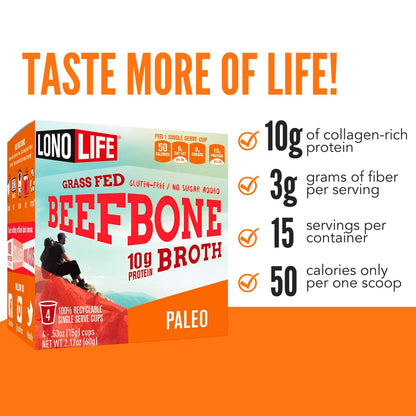 LonoLife Beef Bone Broth Powder Mix | Grass-Fed, 10g Protein | Collagen-Rich, Keto & Paleo Friendly | Natural Ingredients | 10 Single-Serve Cups