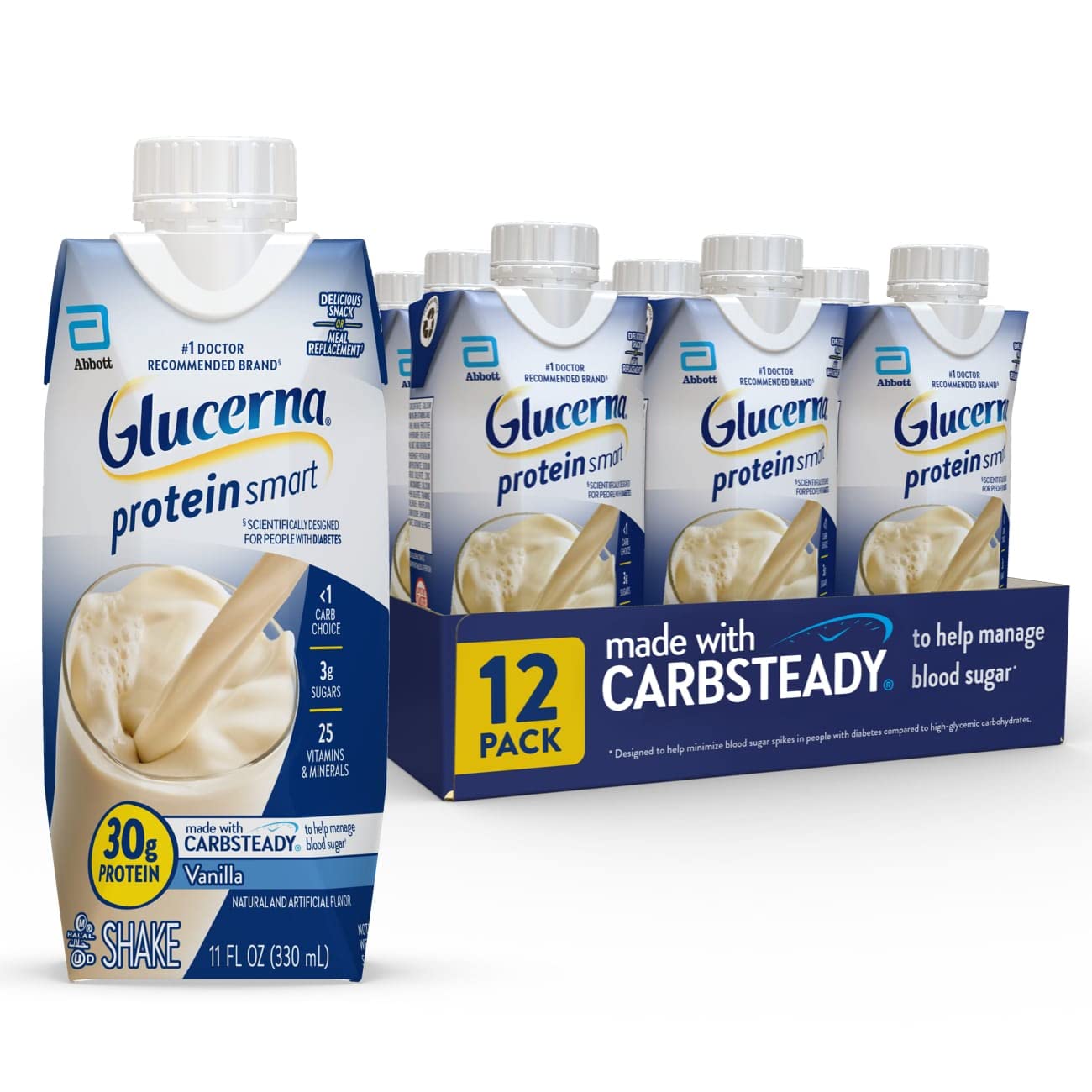 Glucerna Diabetic Nutrition Shakes Bundle - Hunger Smart 23g Protein 250 Calorie Chocolate 16oz 12 Count & 30g Protein Vanilla 12 Count