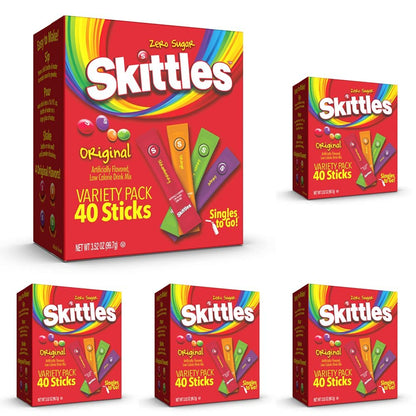 Skittles Singles To Go Variety Pack, 40 Count, Powdered Drink Mix, Zero Sugar, Low Calorie, Includes 4 Flavors: Green Apple, Strawberry, Grape, Orange, 40 Total Servings (Pack of 5)