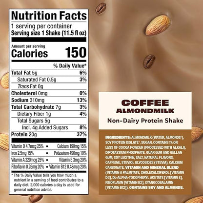 Premier Protein Non-Dairy Plant Based Almondmilk Protein Shake, Coffee with Caffeine for Energy – 20g Protein, 5g Sugar, 11.5 Fl oz (12 Pack)