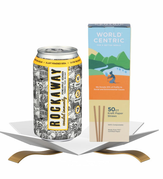 Rockaway Pineapple Ginger Sparkling Drink 12 fl oz Bundle with Straw paper 50 PC — Low-Calorie Energy Drink with Real Fruit Juice and Organic Cane Sugar — Gift Set (2 Items)