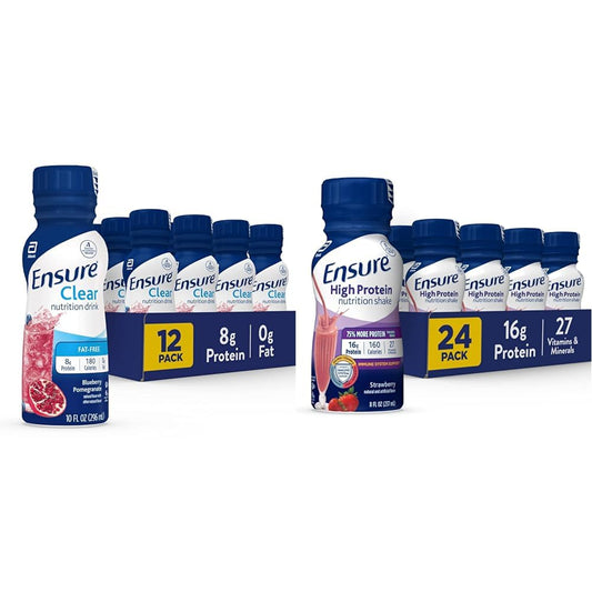 Ensure Liquid Clear Nutrition Drink, 0g fat, 8g of protein, Blueberry Pomegranate, 10 Fl Oz (Pack of 12), Bottle, gluten free & Ensure High Protein Strawberry Nutrition Shake, 24 Pack