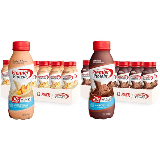 Premier Protein Shake 30g Protein 1g Sugar 24 Vitamins Minerals Nutrients Peaches & Cream Chocolate 12 Packs 138 Fl Oz