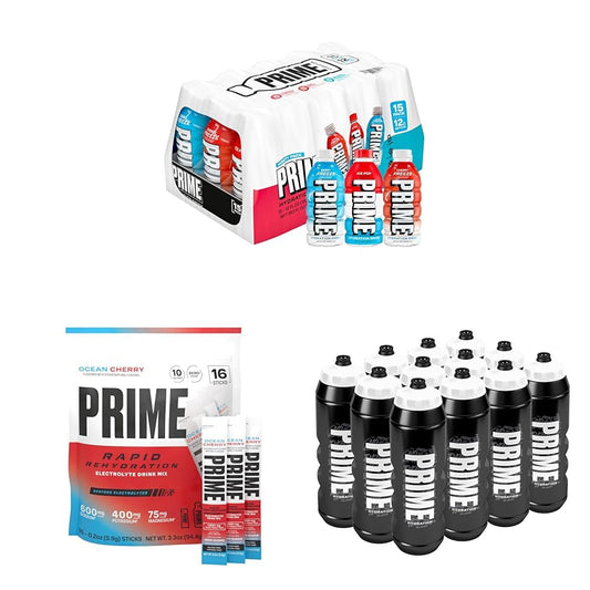 PRIME HYDRATION Berry Freeze, Cherry Freeze, & Ice Pop 12 Fl Oz Variety Sports Drinks, & Rapid Rehydration Electrolyte Powder Sticks, Ocean Cherry, & 12 Pack Black Graffiti Squeeze Sports Water Bottle