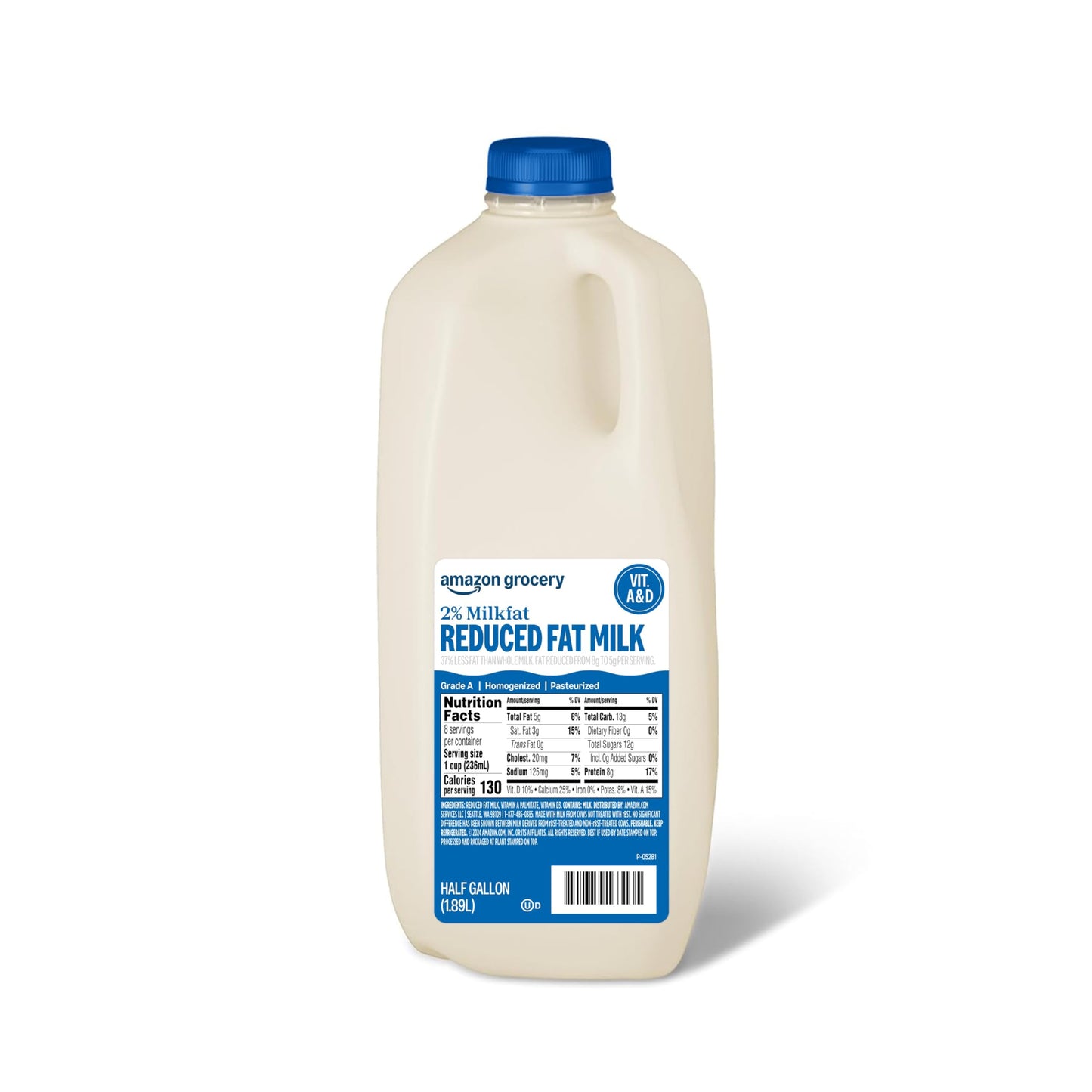 Amazon Grocery, 2% Reduced Fat MIlk, Half Gallon, 64 Fl Oz