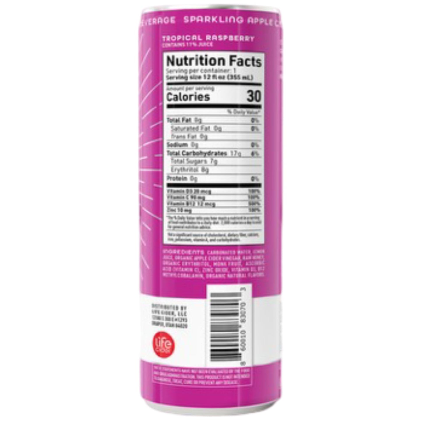Life Cider | 12 Pack (12 Fl Oz) | Tropical Raspberry | Sparkling Apple Cider Vinegar Beverage | Digestive Health & Immunity Benefits | Low Calorie & Low Carb Drinks | Vitamins C, D3, Zinc, B12