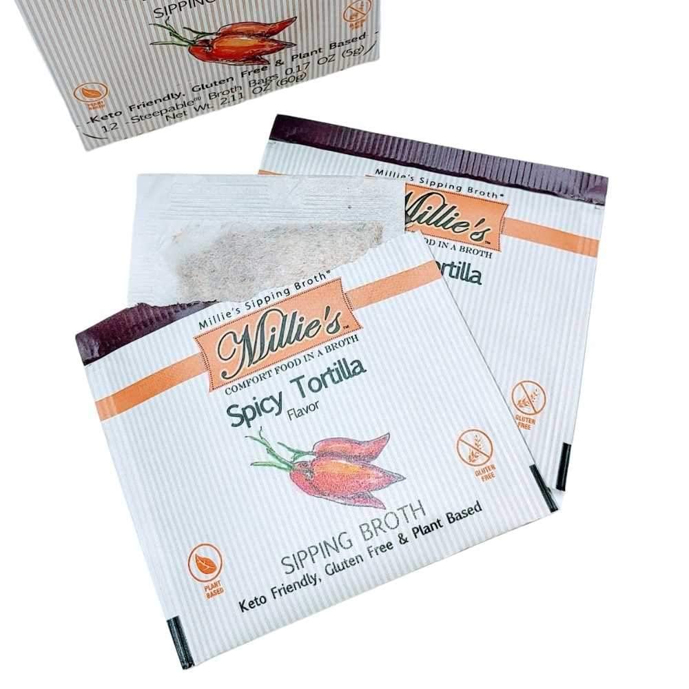 MILLIE'S SPICY TORTILLA SIPPING BROTH| Vegetable Broth with Savory Seasonings for Snack Urges | Vegan, Keto, Gluten Free, Intermittent Fasting, and natural | (6 Pack - 72 Broth Bags Total)