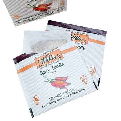 MILLIE'S SPICY TORTILLA SIPPING BROTH| Vegetable Broth with Savory Seasonings for Snack Urges | Vegan, Keto, Gluten Free, Intermittent Fasting, and natural | (6 Pack - 72 Broth Bags Total)