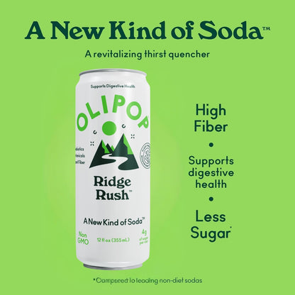 OLIPOP Sparkling Prebiotic Soda,Ridge Rush,Pantry Pack Packed with Prebiotics,Fiber,and Botanicals,Gluten Free,Vegan,GMO Free,12oz Skinny Can,(Pack of 24)