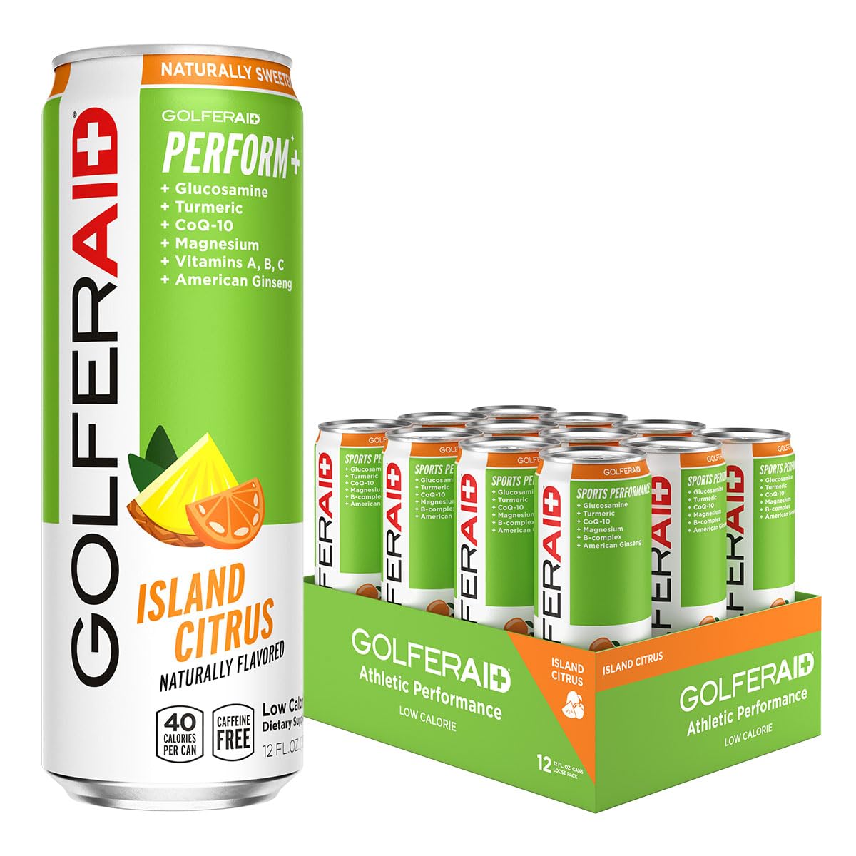 GOLFERAID Performance Blend, Up Your Golf Game, No Caffeine, Glucosamine, Turmeric, MSM, CoQ10, B-Complex, BCAAs and Electrolytes, 40 Calories, 100% Clean, Paleo, Vegan, 12 Fl Oz (Pack of 12)