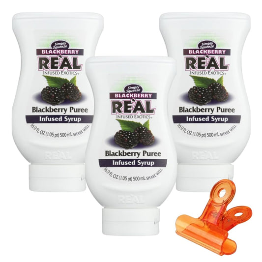 Blackberry Real Infused Exotics Syrup – 16.9 fl oz Bottle – Drinks and Desserts – Puree Fruit and Blackberries with Food Bag Clips – Pack of 3