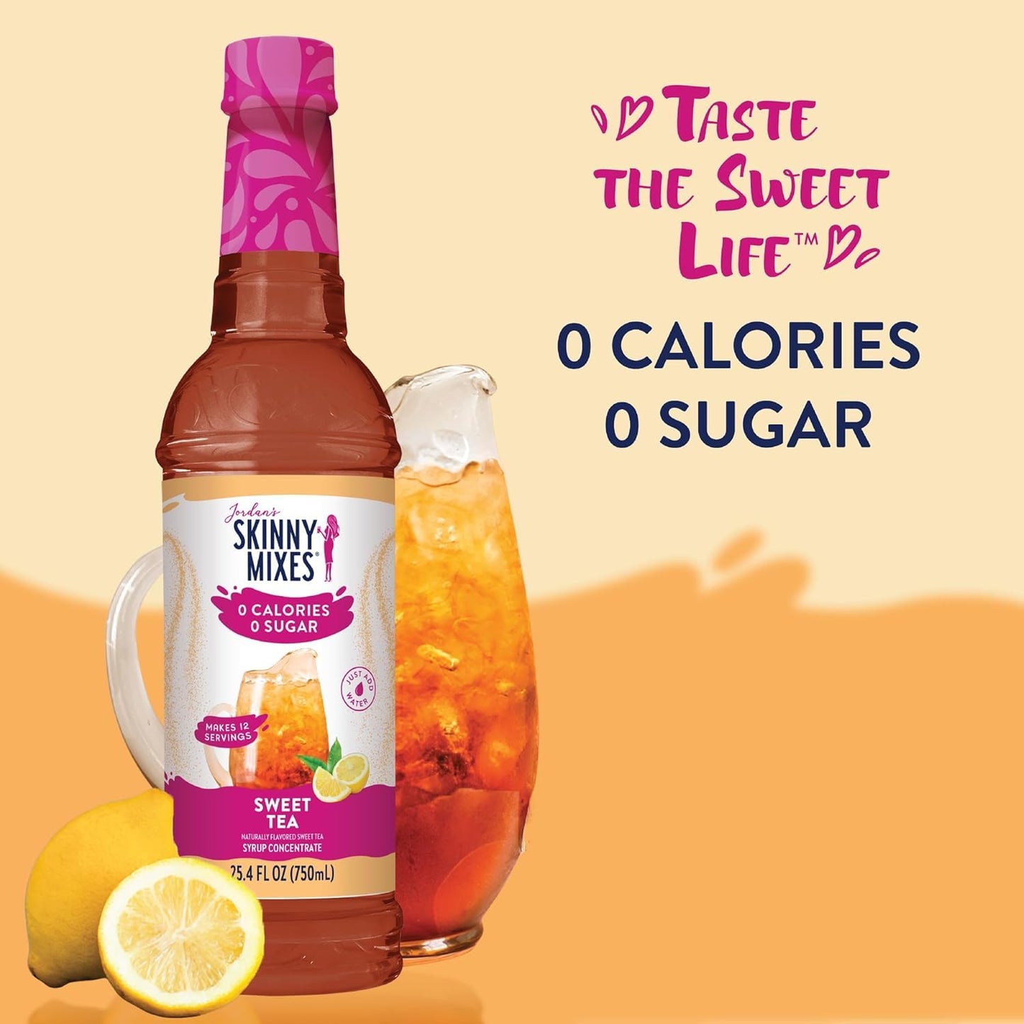 Jordan's Skinny Mixes Sugar Free Syrup, Sweet Tea Flavor, Fruit Flavored Water Enhancer, Drink Mix for Iced Tea, Lemonade, Drinks, Low Calorie Water Flavoring, Dairy & Gluten Free, Kosher, 25.4 Fl Oz, 2 Pack