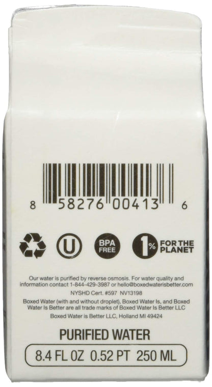 Boxed Water 8.5 oz. (Single Unit) – Purified Drinking Water Plant-Based Cartons, 100% Recyclable, BPA-Free, Refillable Cartons, Sustainable Alternative
