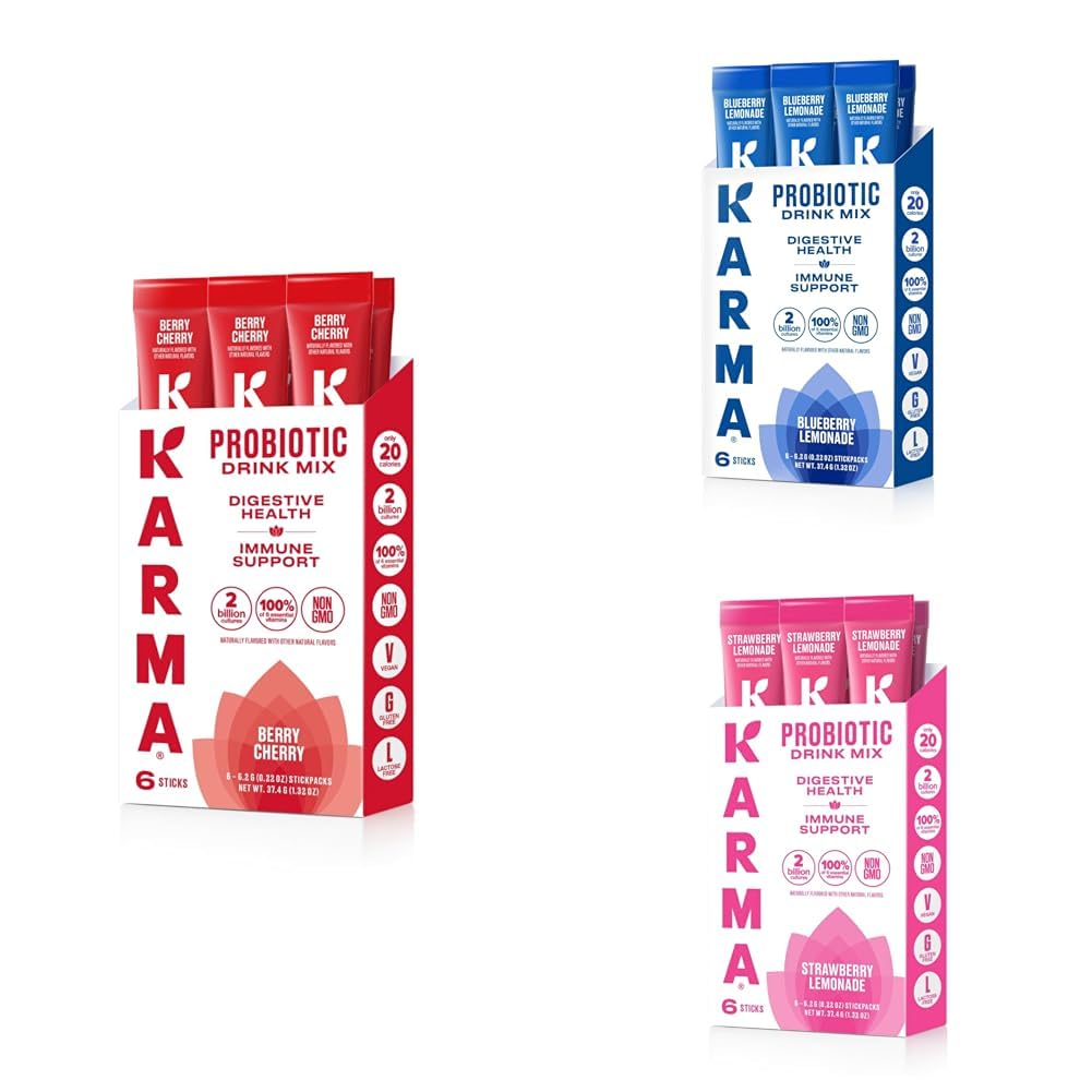 Karma Probiotic Hydration Variety Pack – Berry Cherry, Blueberry Lemonade & Strawberry Lemonade Drink Mix Sticks - On-The-Go Immune & Gut Health Support
