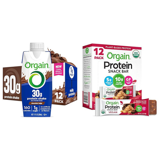 Orgain 30g High Protein Shake, Chocolate Fudge, 11 Fl Oz (Pack of 12) + Orgain Organic Vegan Protein Bars, Peanut Butter Chocolate Chunk - 10g Plant Based Protein - 1.41 Oz (Pack of 12) Bundle