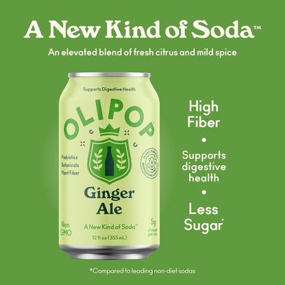 OLIPOP Prebiotic Soda Pop, Ginger Ale, Pantry Pack Packed with Prebiotics, Fiber, and Botanicals, Gluten Free, GMO Free, 12oz (12-Cans)