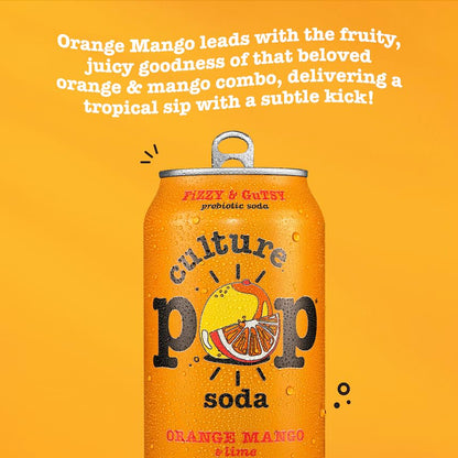 Culture Pop Soda, Orange Mango & Lime, Probiotic Low Sugar Soda, Sparkling Juice Alternative, Non-GMO, Kosher, Gluten-Free, No Stevia (Multipack, 12ct, 144 fl oz)