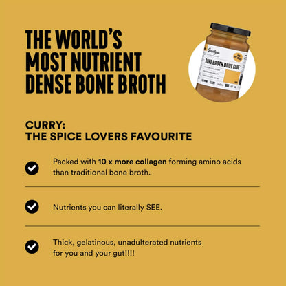 Gevity Rx Bone Broth Body Glue ® - CURRY - Bone Broth - Concentrate - 10x more collagen* - 39 servings - Sip, Cook, Create - 100% Grass Fed Beef Bones- 9.75 Litres, 329 Fl. Oz.