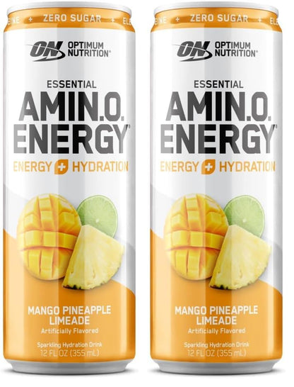 Optimum Nutrition Amino Energy Sparkling Hydration Drink, Electrolytes, Caffeine, Amino Acids, BCAAs, Sugar Free, Mango Pineapple Limeade, 12 Fl Oz, 1 count (Packaging May Vary) (Pack of 2)